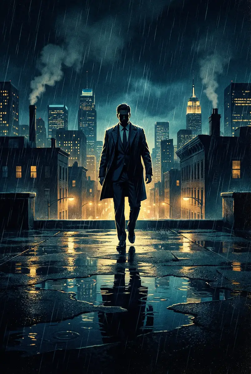 媳妇美好时代 出品影片《雨夜独行者》海报，雨中城市屋顶男性剪影